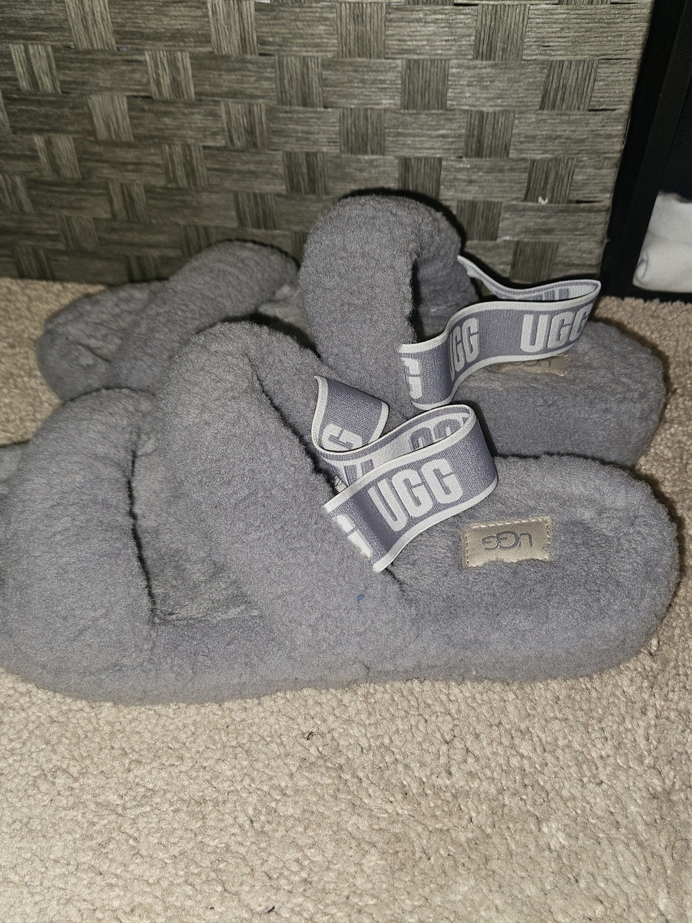 UGG Gray Fluff Logo Backstrap Slides